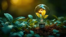 Green Plant Growing Around Glowing Light Bulb Of Eco Friendly Innovation And Sustainable Energy Representing Ideas Of Environmental Protection Conservation And Creativity In Technology