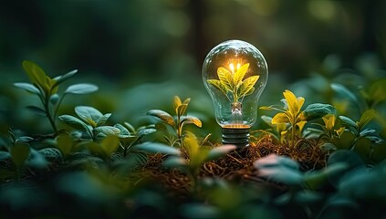 Green plant growing around glowing light bulb of eco friendly innovation and sustainable energy representing ideas of environmental protection conservation and creativity in technology