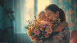 Mother and daughter hugging, holding a bouquet of flowers 