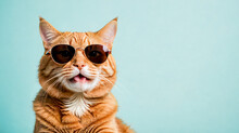 Cute Cat In Sunglasses With Orange Fur Looking Smart And Curious Against Blue Background In Close-up Portrait. Bright And Colorful Image Perfect For Pet Lovers And Cat Enthusiasts