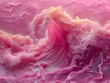 A pink wave crashes in the foreground, while a blonde woman in a white dress stands on top of it.