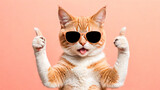 Fototapeta  - Playful orange cat with stripes, wearing cool sunglasses, sticks its tongue out and gives thumbs up with both paws, expressing approval or liking something, against soft pink background.