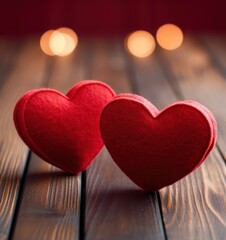 Two fluffy hearts on a wooden background