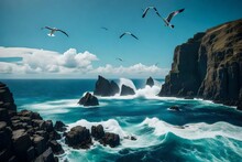 A Dramatic Coastal Vista, With Rugged Cliffs Plunging Into The Deep Blue Sea, Waves Crashing Against The Rocks, And Seagulls Soaring In The Open Sky.