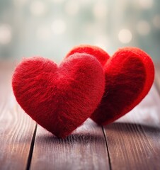 Two fluffy hearts on a wooden background