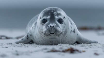 Canvas Print - Grey seal (Halichoerus grypus), young animal lies on the beach, island Duene, 