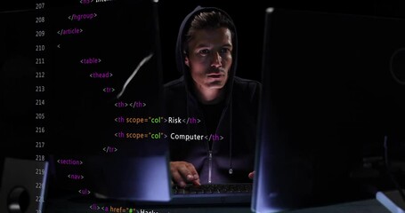 Wall Mural - animation of data processing over male computer hacker using computer
