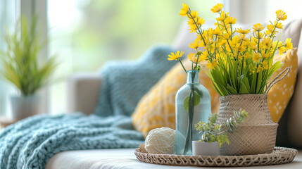 Closeup of yellow spring flowers in vases inside a clean living room space.