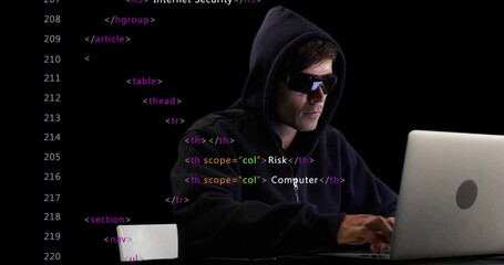 Wall Mural - animation of data processing over male computer hacker using laptop