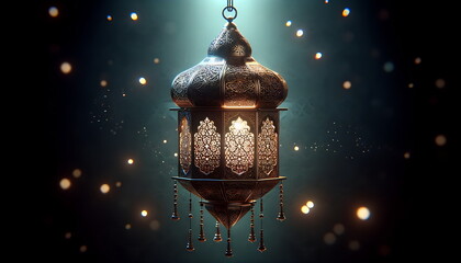 Wall Mural - golden lantern with a crescent moon and islamic ornament background