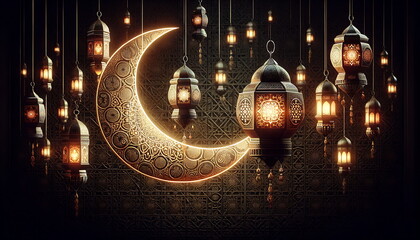 Wall Mural - golden lantern with a crescent moon and islamic ornament background