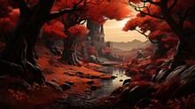 Fantasy Autumn Dense Forest With Oaks Trees With Red-bright Leaves.