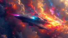 A Spaceship Fires Up Its Engines And Shoots Out Flames In A Colorful Nebula.