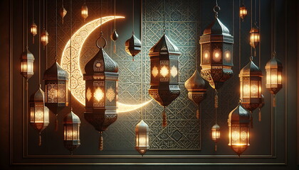 Wall Mural - golden lantern with a crescent moon and islamic ornament background