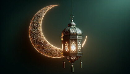 Wall Mural - golden lantern with a crescent moon and islamic ornament background