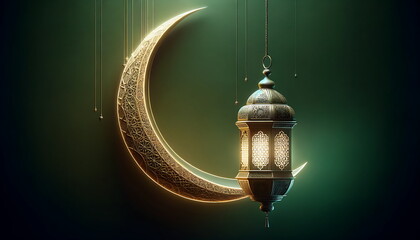Wall Mural - golden lantern with a crescent moon and islamic ornament background