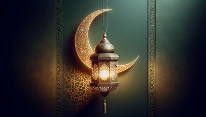 Wall Mural - golden lantern with a crescent moon and islamic ornament background