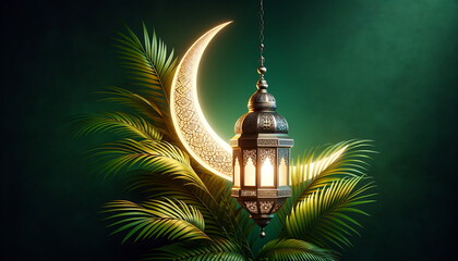 Wall Mural - golden lantern with a crescent moon, tropical plant leaves, and islamic ornament background