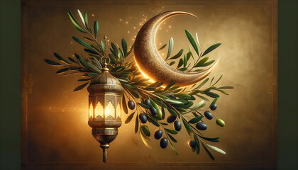Wall Mural - golden lantern with a crescent moon, olives fruit, and leaves. islamic ornament background