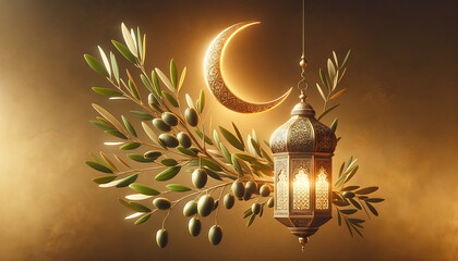 Wall Mural - golden lantern with a crescent moon, olives fruit, and leaves. islamic ornament background