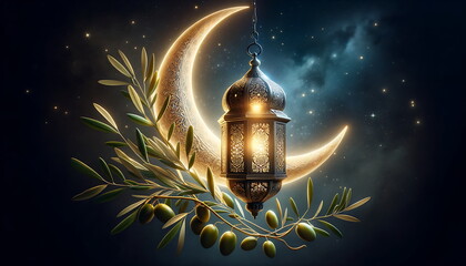 Wall Mural - golden lantern with a crescent moon, olives fruit, and leaves. night sky background
