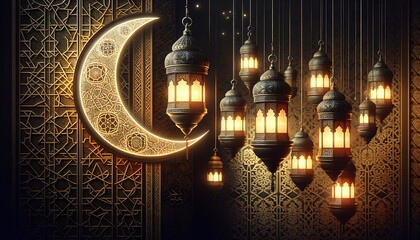 Wall Mural - golden lantern with a crescent moon and islamic ornament background