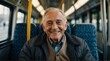 Happy smiling employee elderly man sitting on a bus looking at the camera, riding a public transportation from Generative AI