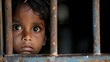 A child looking out of a barred window, their yearning for a better life visible in their eyes, illustrating the impact of inequality on the hopes and dreams of the younger generation.