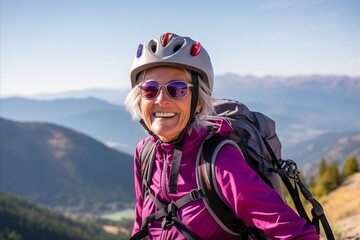 Wall Mural - Senior woman hiker with backpack and mountain panoramic view.