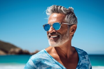 Wall Mural - Portrait of happy senior man in sunglasses on the beach at summer day