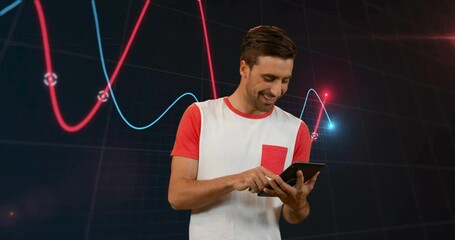 Wall Mural - Animation of financial data processing over caucasian sportsman using tablet