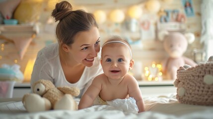 Wall Mural - A mother and her baby are changing diapers on the changing table. Daycare center