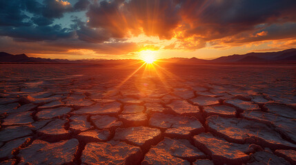 Wall Mural - global warming. dramatic sunset over cracked earth, generative ai