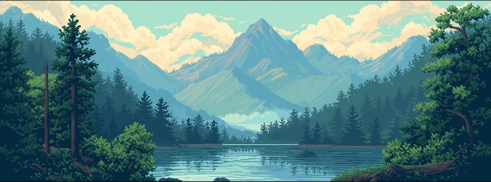 serene pixel art landscape with evergreen trees and layered mountains reflecting on a tranquil lake,