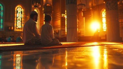 Ramadan Kareem Greetings Father and son in the mosque Muslim family praying Men and children read the Quran and pray.