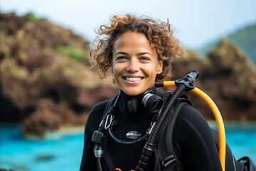 Sticker - Portrait of a beautiful young woman with scuba diving equipment in the sea