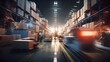 A busy warehouse scene captured with motion blur, showcasing the dynamic environment of logistics and supply.