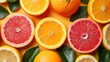 Variety of citrus fruit including lemons, lines, grapefruits and oranges with green leaves on yellow background. - Generative AI
