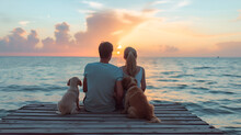 Family With Dog Resting On A Pier. Generative Ai