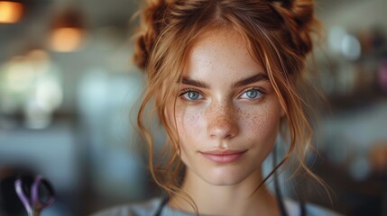 Closeup portrait of a beautiful young woman with freckles on her face - Generative AI