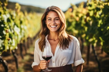 Wall Mural - Portrait of a beautiful young woman tasting red wine in vineyard