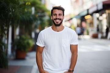 Wall Mural - Portrait of a handsome young man standing in the street smiling at the camera