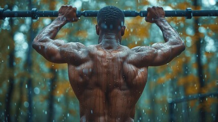 Muscular young man doing pull-ups in the autumn forest. - Generative AI