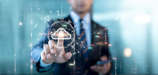 Poster - Cloud or edge computing technology concept. Businessman is using his fingers to select a cloud icon connecting accessing global usage data. Abstract binary code on background.