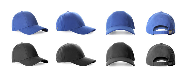 Wall Mural - Stylish baseball caps isolated on white, set with back, front and side views