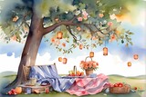 Fototapeta Pokój dzieciecy - Summer Picnic: A watercolor illustration of picnic scene under a tree, with a blanket of flowers, lanterns in the branches.