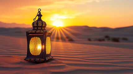 Oriental lamp in sand at Ramadan night, sand dune landscape with bright sunset background