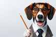 A dog with glasses and a pointer. Place for text.