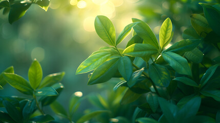 Wall Mural - Closeup of fresh green leaves on blurred nature background with sunlight, generative ai