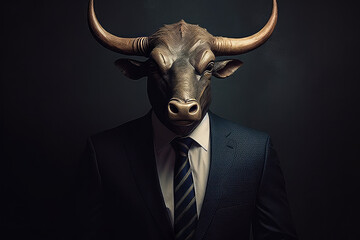 Wall Mural - Bull wearing suit and tie with black background.